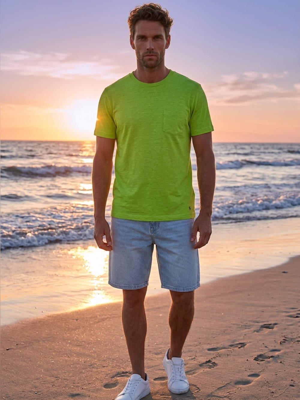 Hang Ten Mens Large Lime Green Slub Knit Pocket T-Shirt Embroidered Feet Logo